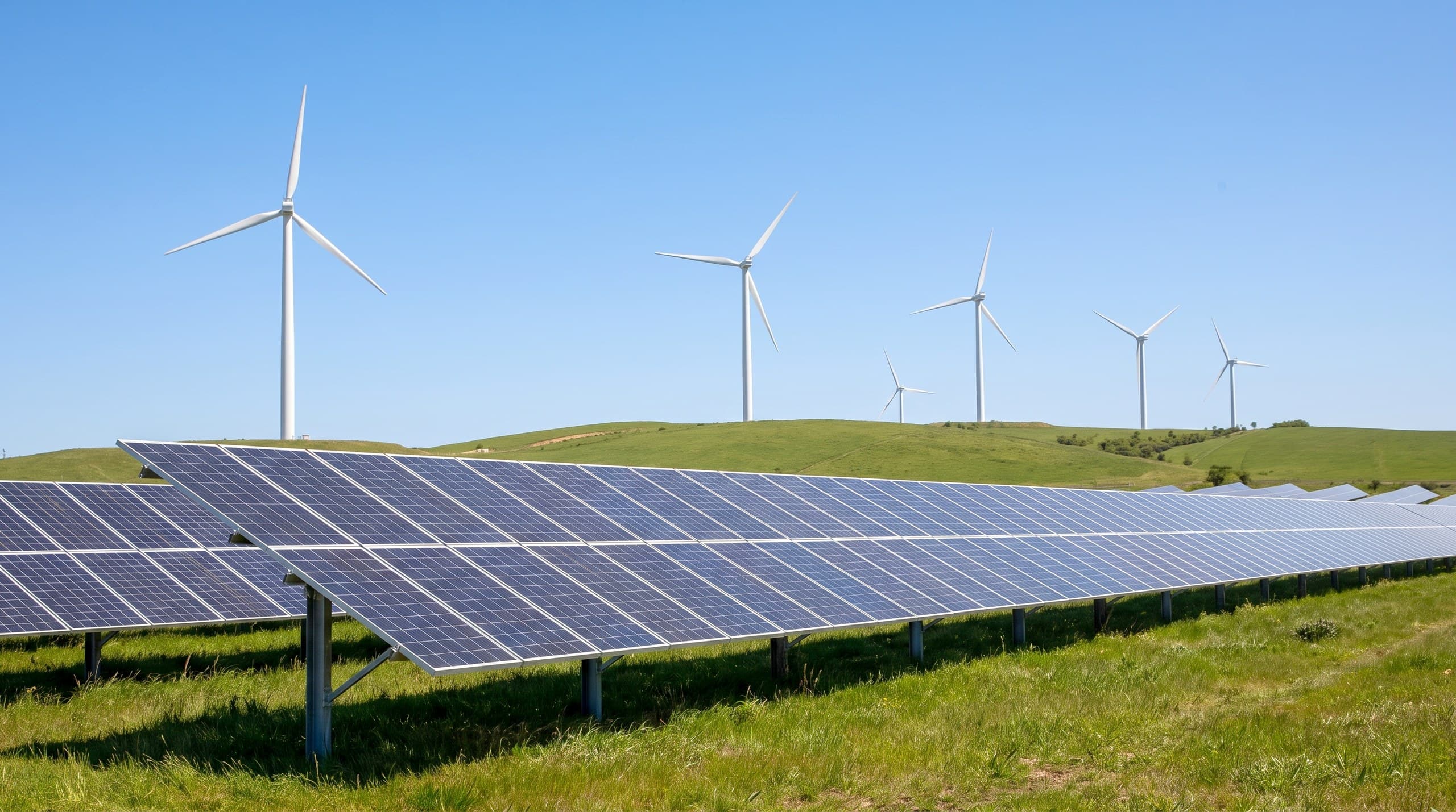 Solar panels and wind turbines under a clear daytime sky