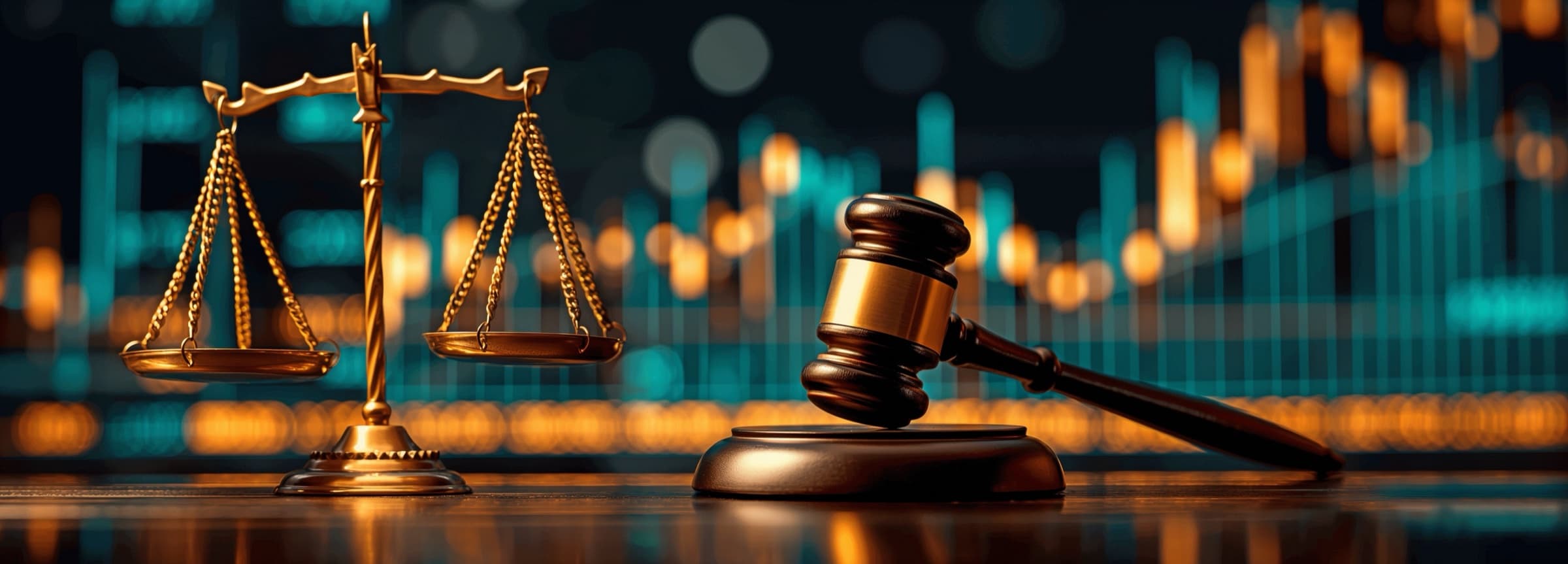 A set of brass scales of justice beside a wooden gavel on a polished desk