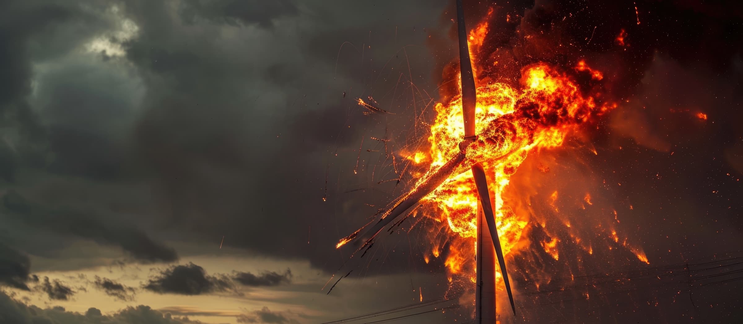 A wind turbine on fire against a dark storm sky, its blades burning at the nacelle