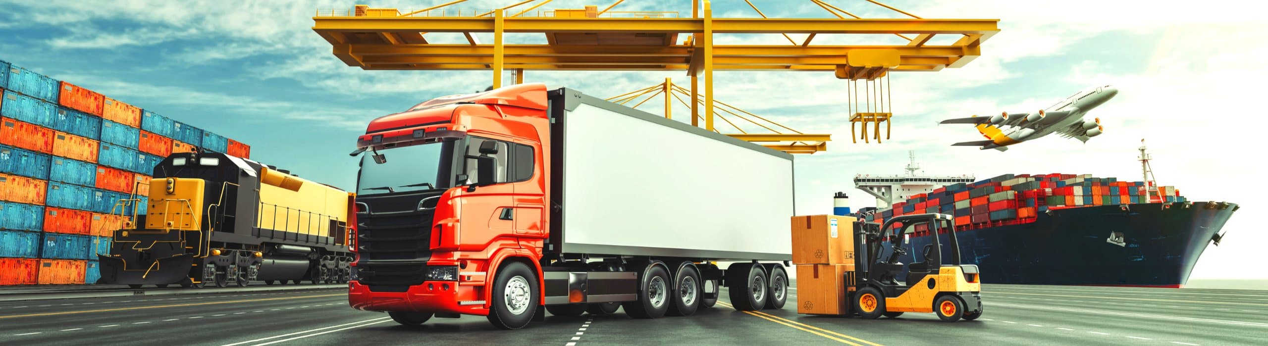 A red freight truck at a port terminal with a container train, gantry crane, cargo ship and aircraft